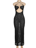 Flowers Hollow Out Metal Ring Halter Neck And Backless Maxi Dresses