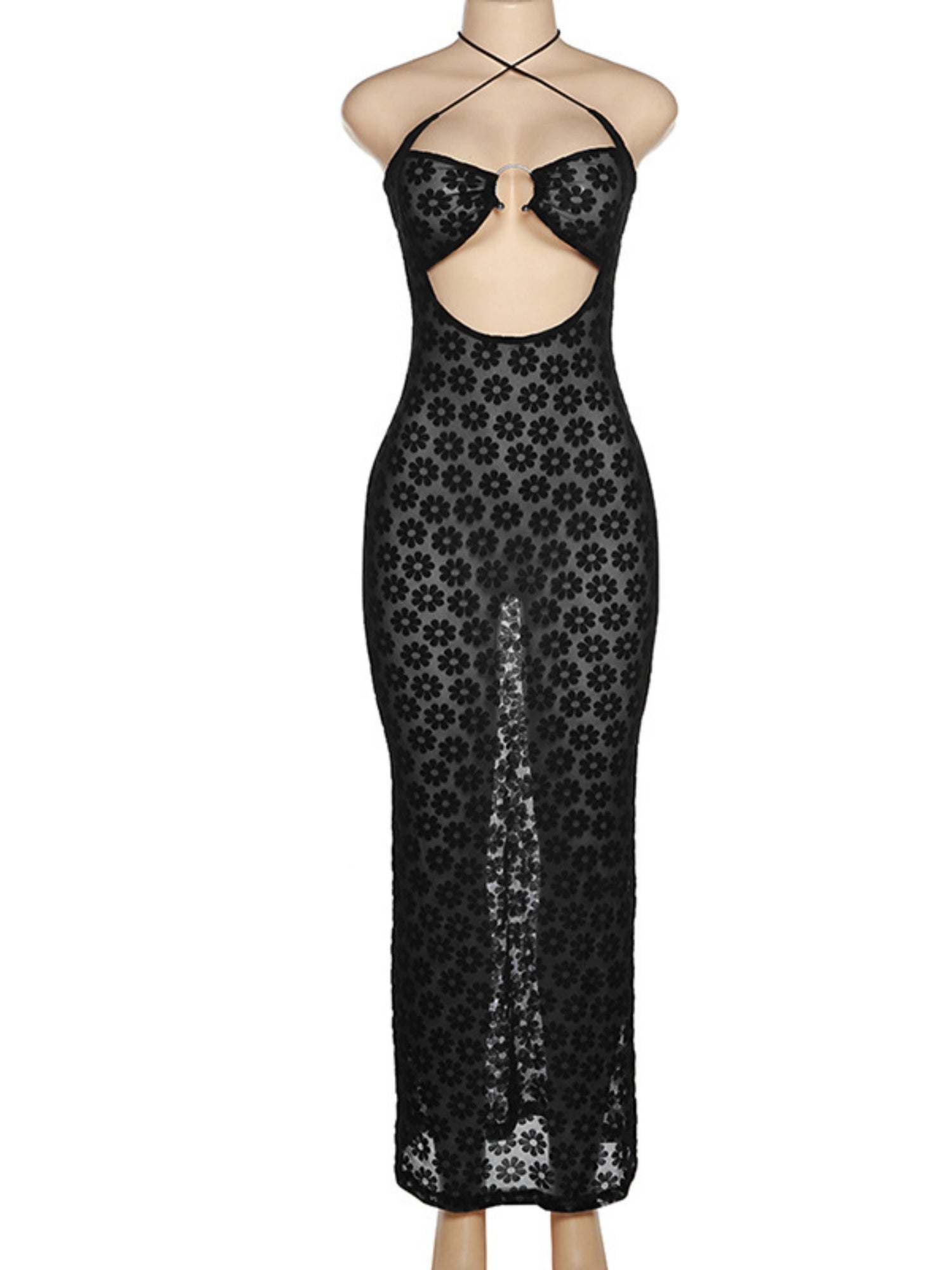 Flowers Hollow Out Metal Ring Halter Neck And Backless Maxi Dresses