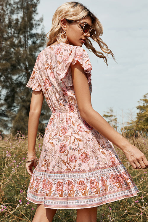 Surplice V-Neck Flutter Sleeve Drawstring Waist Ruffle Hem Floral Mini Dress