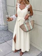 Embroidered Lace Patchwork Slit Bandage Maxi Dresses