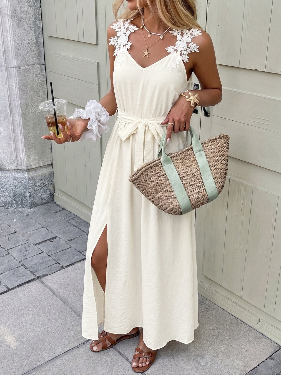 Embroidered Lace Patchwork Slit Bandage Maxi Dresses