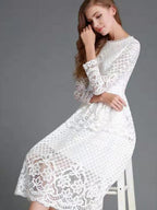 Round Neck Lace Long Sleeve Slim Midi Dress