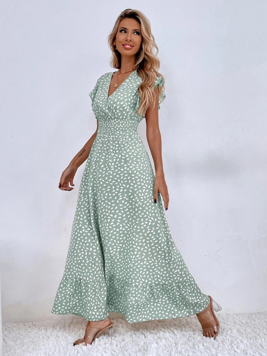 Floral Lotus Leaf Sleeves V-neck Vacation And Leisure Maxi Dresses