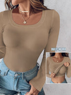 With Bra U-neck Thread Solid Color Long Sleeve T-shirts