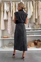 Sleeveless Collared Button Down Tie Waist Chest Pocket Midi Shirt Dress