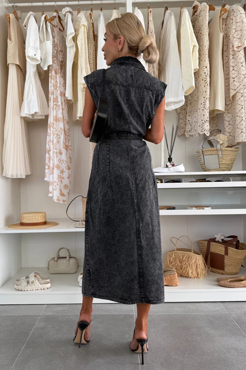 Sleeveless Collared Button Down Tie Waist Chest Pocket Midi Shirt Dress