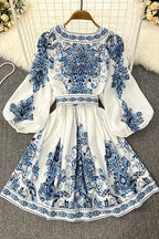 Ornamental Paisley Print Puff Sleeve V-Neck Belted Button-Front Mini Dress