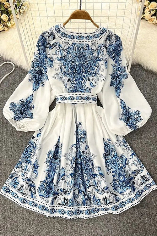 Ornamental Paisley Print Puff Sleeve V-Neck Belted Button-Front Mini Dress