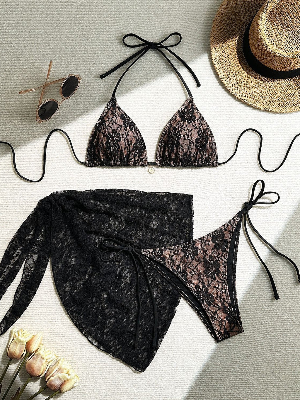 Lace Mesh Mini Skirt Swimsuit Bikini Three-Piece Set