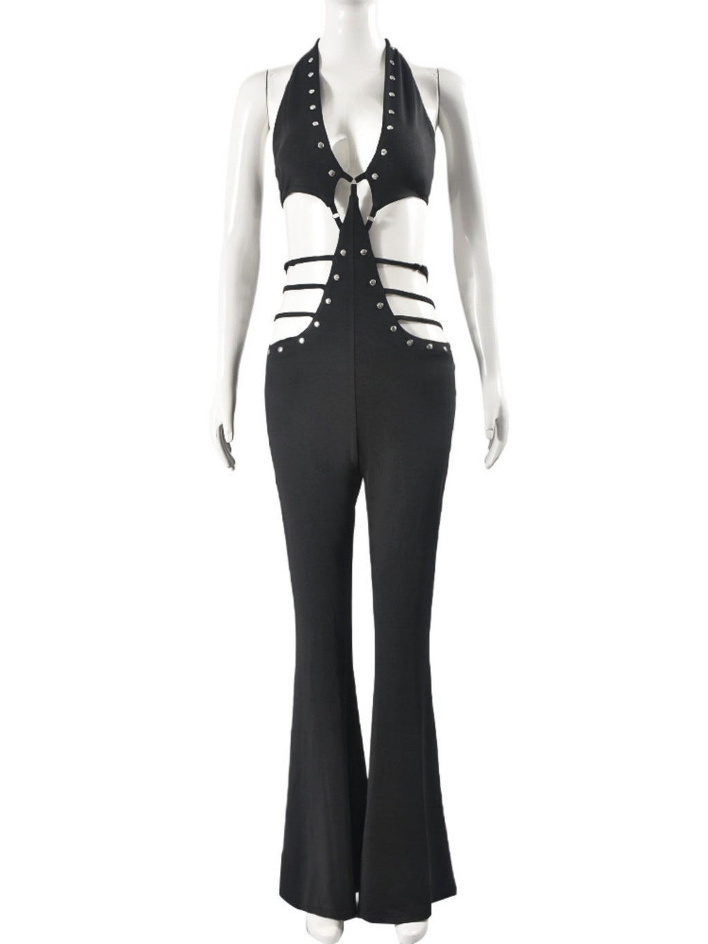 Cutout Deep V Lace-up Backless Micro-flared Jumpsuits