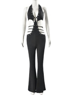 Cutout Deep V Lace-up Backless Micro-flared Jumpsuits