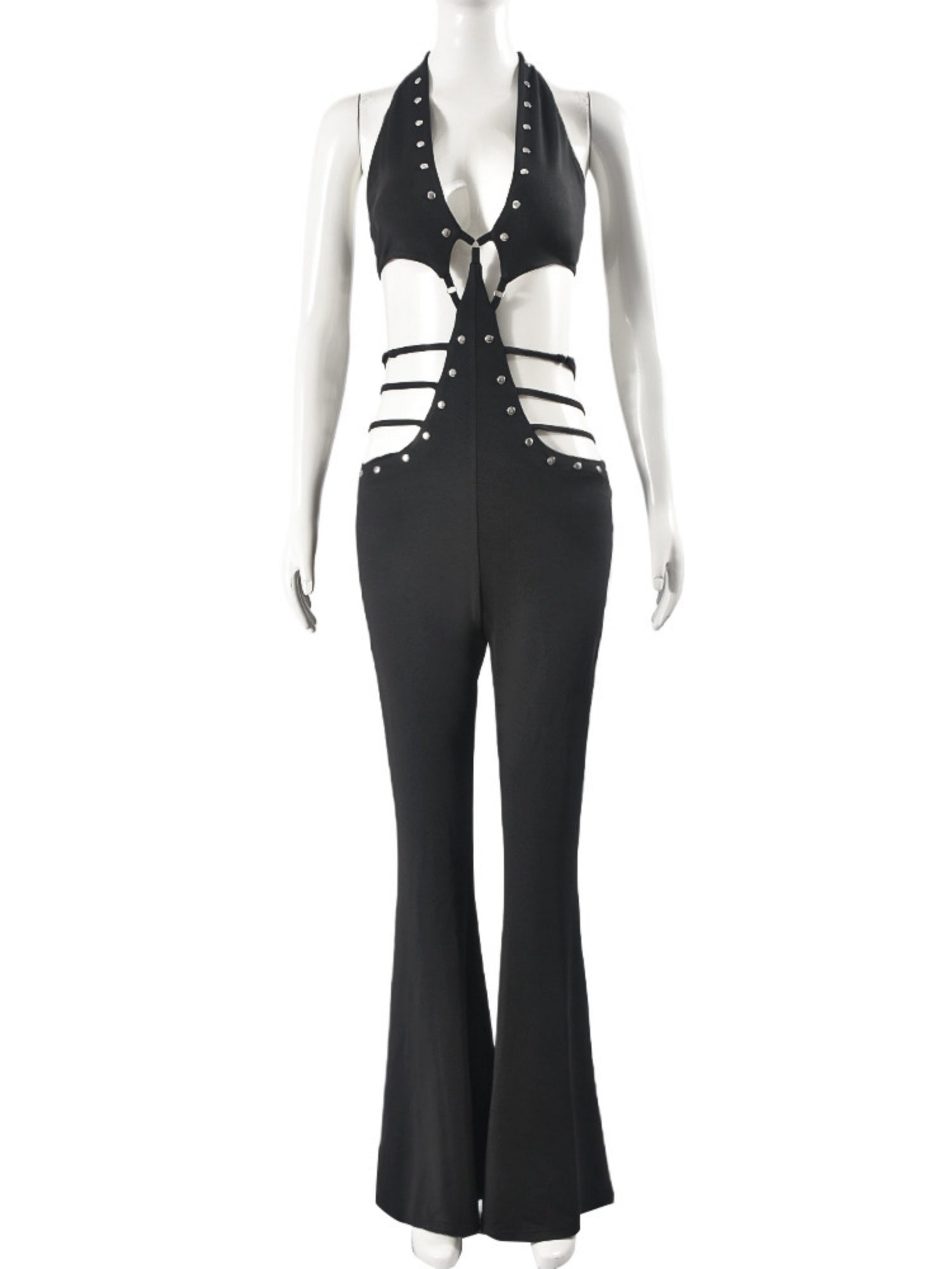 Cutout Deep V Lace-up Backless Micro-flared Jumpsuits