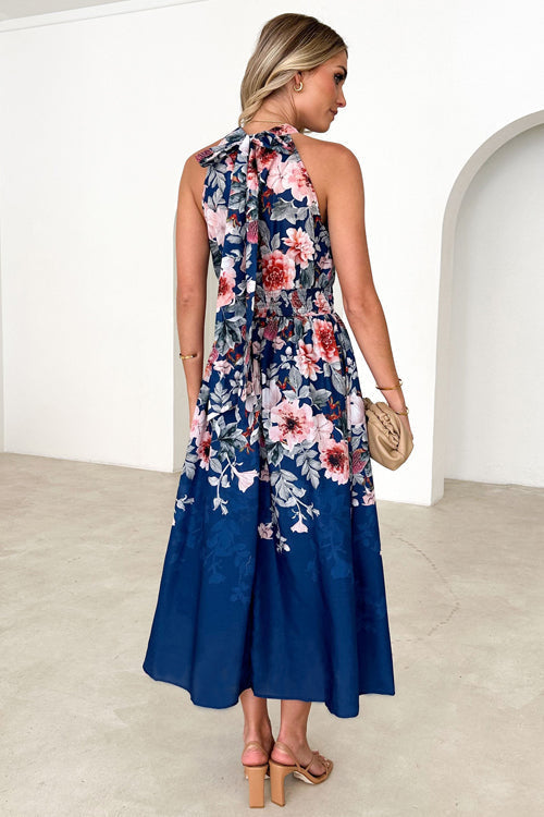 Floral Print Halter Neck Tie Waist A-Line Midi Dress