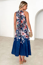Floral Print Halter Neck Tie Waist A-Line Midi Dress