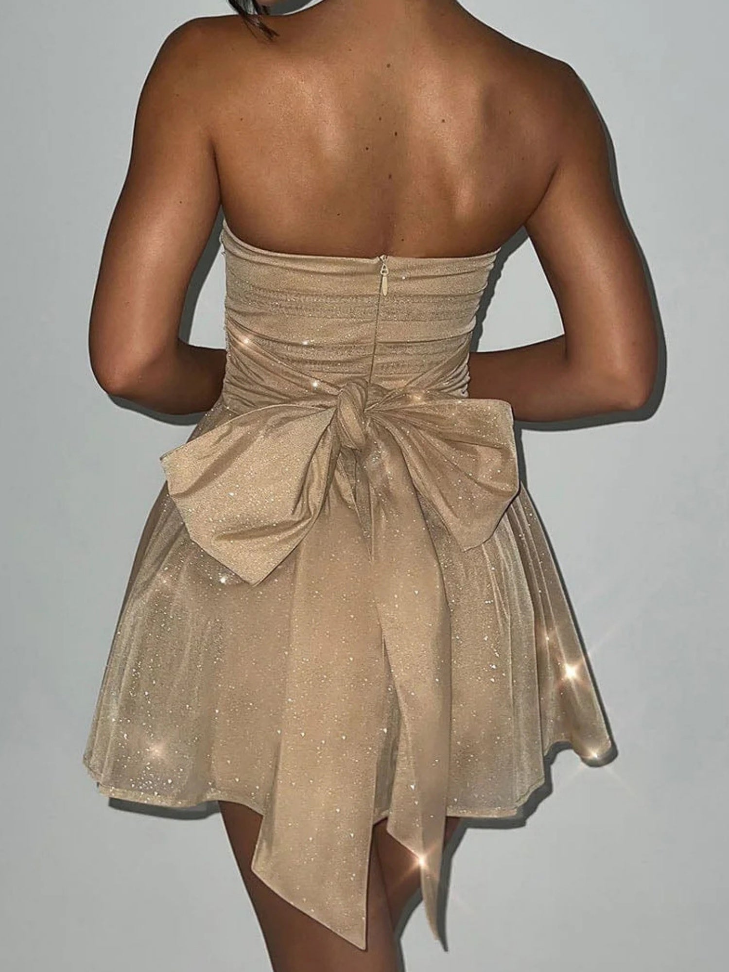 Bow Sequins Mesh Off-shoulder Mini Dresses