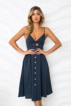Linen Spaghetti Strap Tie Front Cut Out Button Front A-Line Midi Dress
