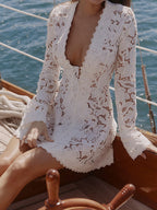 Openwork Lace V-neck Bandage Temperament Smock Mini&Short Dresses