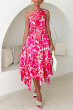One Shoulder Sleeveless Twist Front Floral Pleated Dress