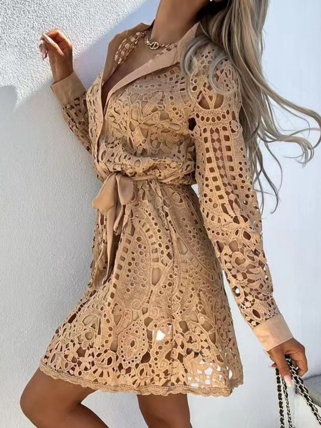 Lace Cutout Lace Up Long Sleeves Mini&Short Dresses