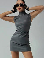 PU Leather Mock Neck Pleated Mini&Short Dresses