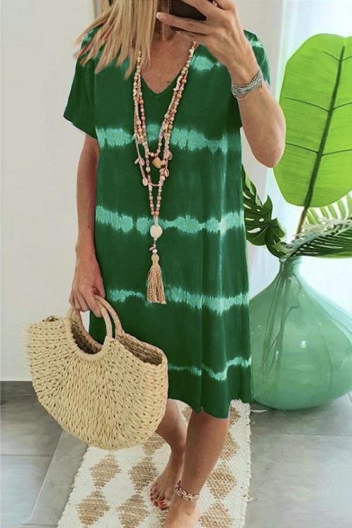 V Neck Short Sleeve Tie Dye Stripes T-shirt Dress