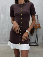 Contrasting Edges Slim-fit Button Short Sleeve Ruffle Mini&Short Dresses