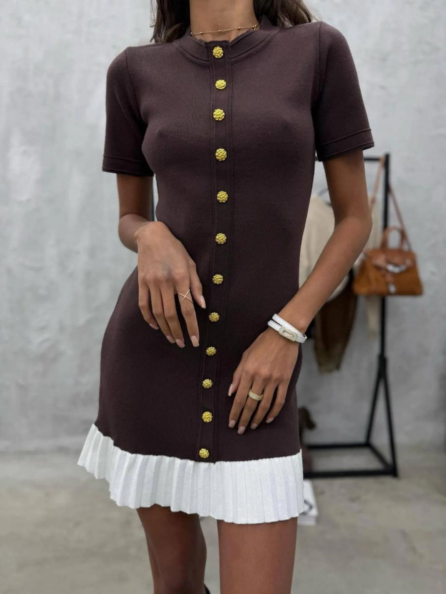 Contrasting Edges Slim-fit Button Short Sleeve Ruffle Mini&Short Dresses