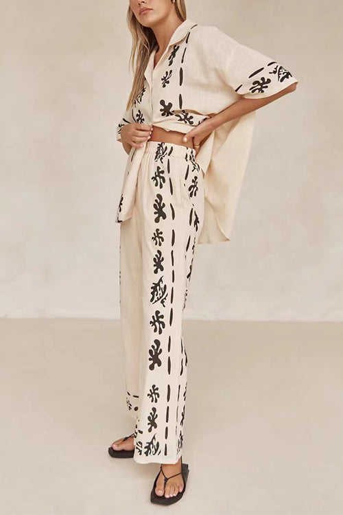 Cotton Linen Short Sleeves Button Down Shirt Elastic Waist Wide Leg Pants Printed Set