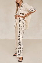 Cotton Linen Short Sleeves Button Down Shirt Elastic Waist Wide Leg Pants Printed Set