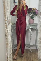 Deep V Neck Ruched Slit Maxi Bodycon Dress