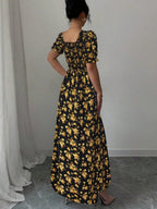 Floral Short Sleeve Square Collar Ruffle Vacation And Leisure Maxi Dresses