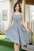 Sweetheart Neck Gingham Check Lace-Up Corset Waist A-Line Midi Dress