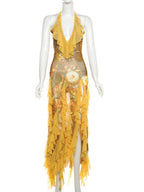 Printed Ruffle Deep V-neck Backless Maxi Dresses