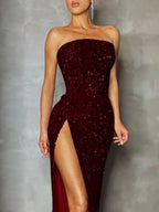 Sequins Slit Strapless Off-shoulder Maxi Dresses