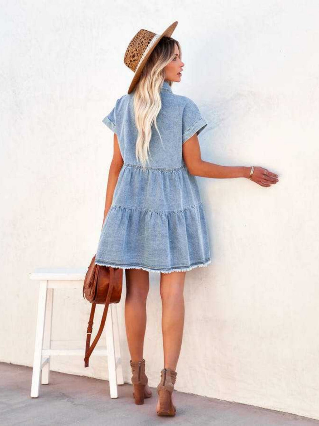Denim Buttons POLO Collar Short-sleeved Shirt Mini&Short Dresses