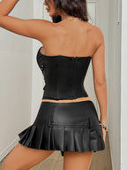 Leather Stitching Lace See-through Herringbone Buckle Backless Tube Top Tank Tops
