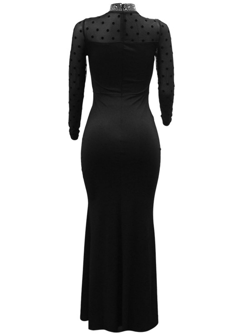 Hot-fix Rhinestone Mesh Long Sleeves Splicing Waist Shaping Slit Party Shiny Maxi Dresses