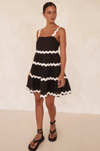 Square Neck Scalloped Ric Rac Trim Tiered Babydoll Mini Dress