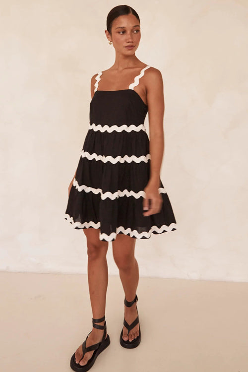 Square Neck Scalloped Ric Rac Trim Tiered Babydoll Mini Dress