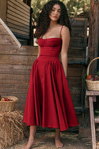 Spaghetti Strap Corset Bodice Box Pleat A-Line Midi Dress