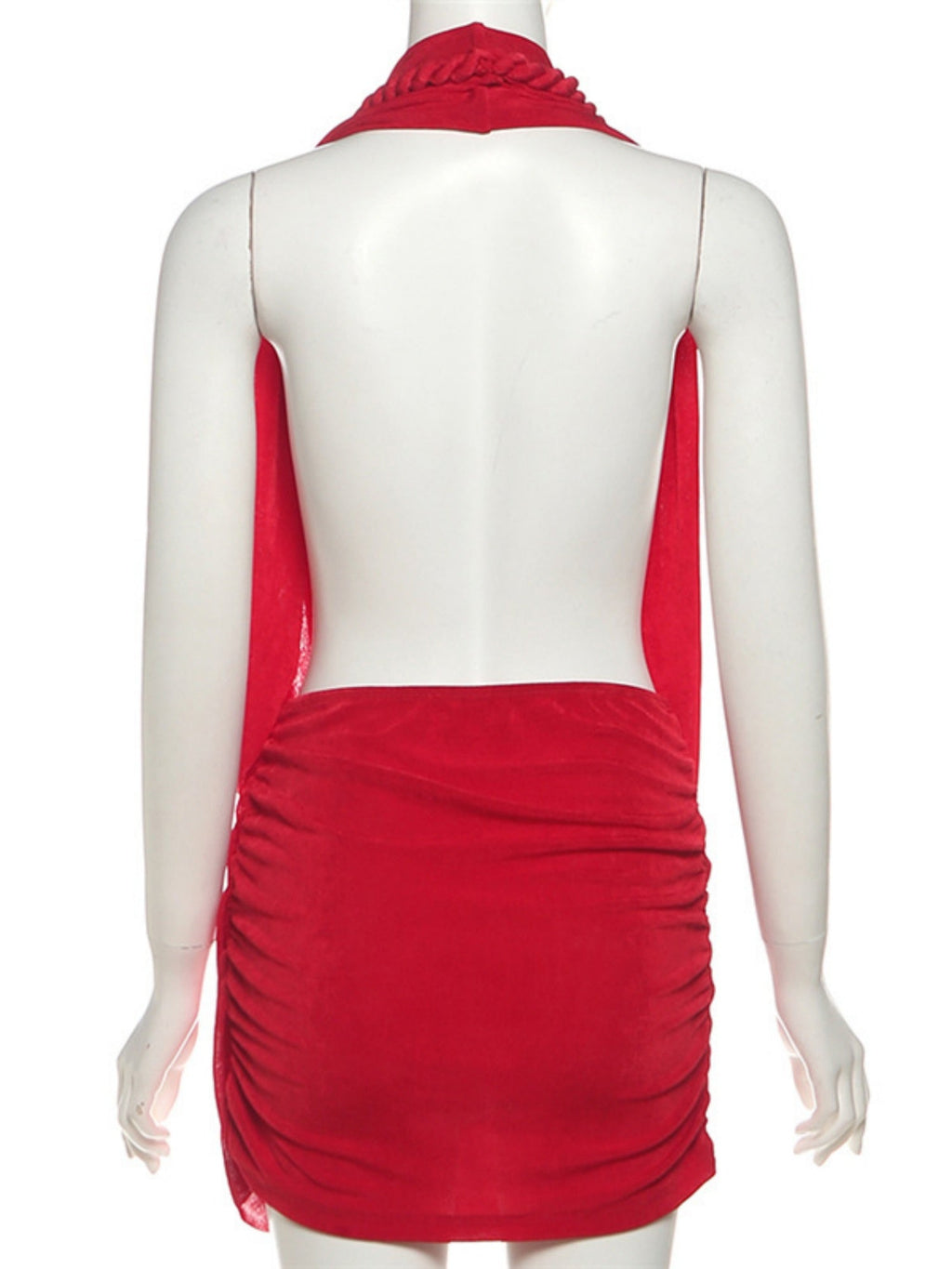 Pleated Deep V Halter Neck Exposed Backpack Buttocks Mini&Short Dresses