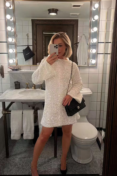 Long Sleeve Sequin Open Back Bow Detail Mini Dress