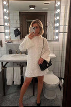Long Sleeve Sequin Open Back Bow Detail Mini Dress