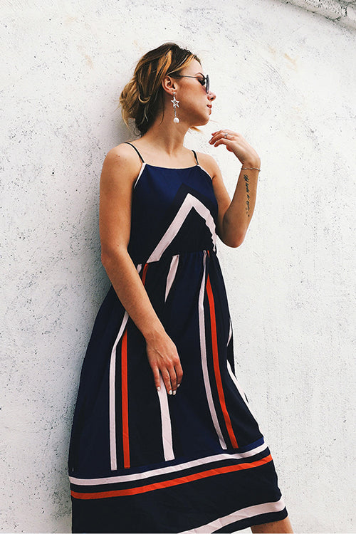 Geometric Chevron Stripe Spaghetti Strap Square Neck A-Line Midi Dress