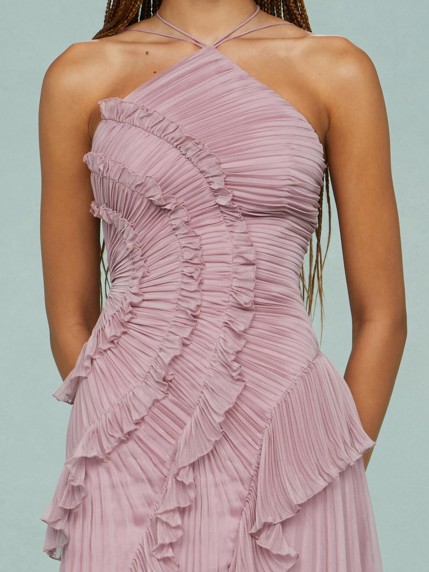 Halter Sunray Pleat Cascading Ruffle Tier High-Low Hem Gown