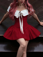 Off-shoulder Bow Waist Tie Short Sleeves Mini&Short Dresses