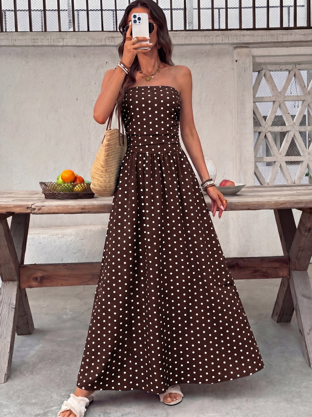 Polka Dots Tucking And Waist-cinching Strapless Maxi Dresses