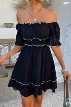 Contrast Trim Off Shoulder Ruffle Neck Smocked Waist Tiered Mini Dress