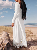 V-Neck Button Front Long Sleeve Side Slit Maxi Dress