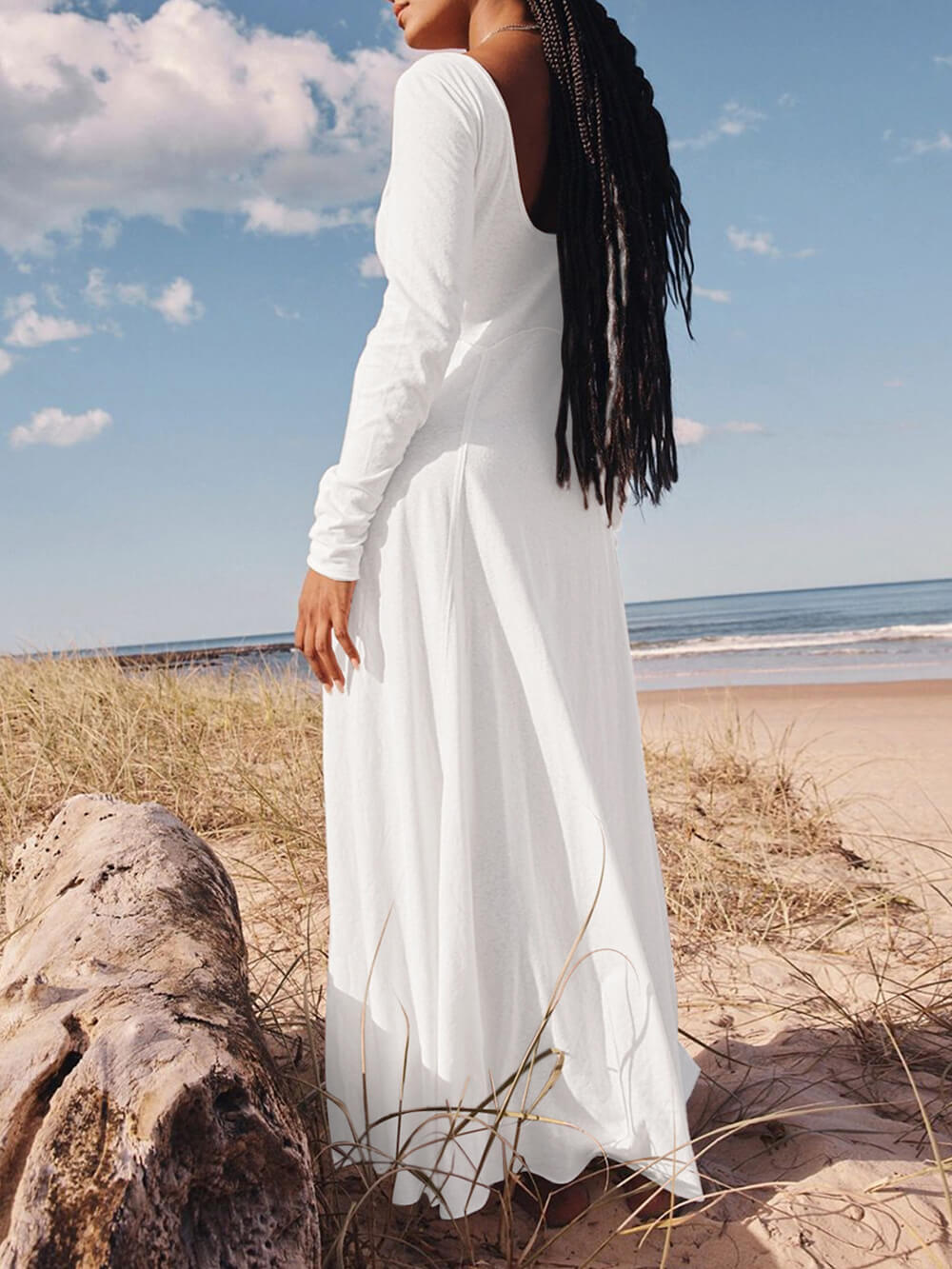 V-Neck Button Front Long Sleeve Side Slit Maxi Dress